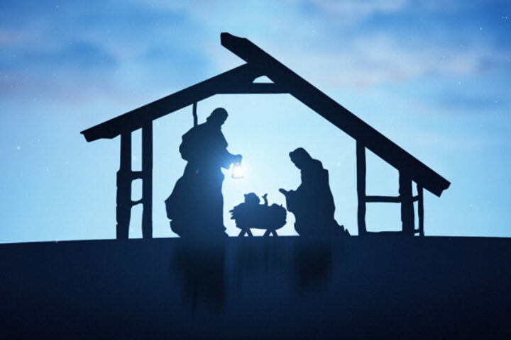 Mary, Joseph, and Baby Jesus in a manger at night, 3 kings approaching