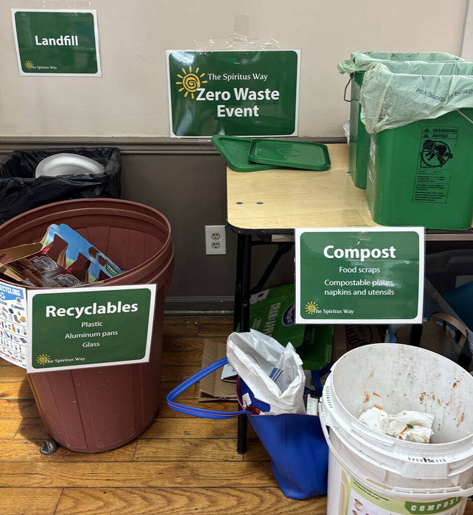 Example of a zero waste event set up with composting, recycling, and landfill bins