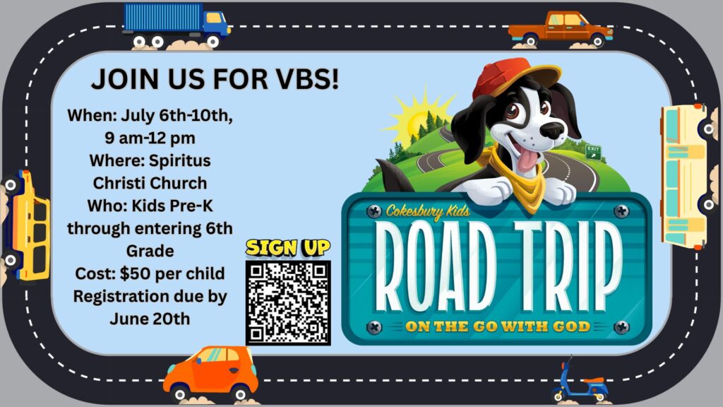 Join us for VBS!
When: July 6th-10th, 9am - 12pm
Where: Spiritus Christi Church
Who: Kids Pre-K through entering 6th Grade
Cost: $50 per child
Registration due by June 20th