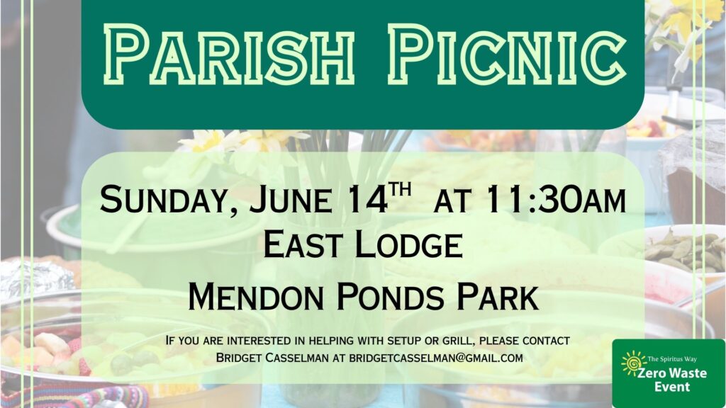 Parish Picnic
Sunday June 14th at 11:30 am
East Lodge 
Mendon Ponds Park
If you are interested in helping with setup or grill, please contact 
Bridget Casselman at bridgetcasselman@gmail.com
