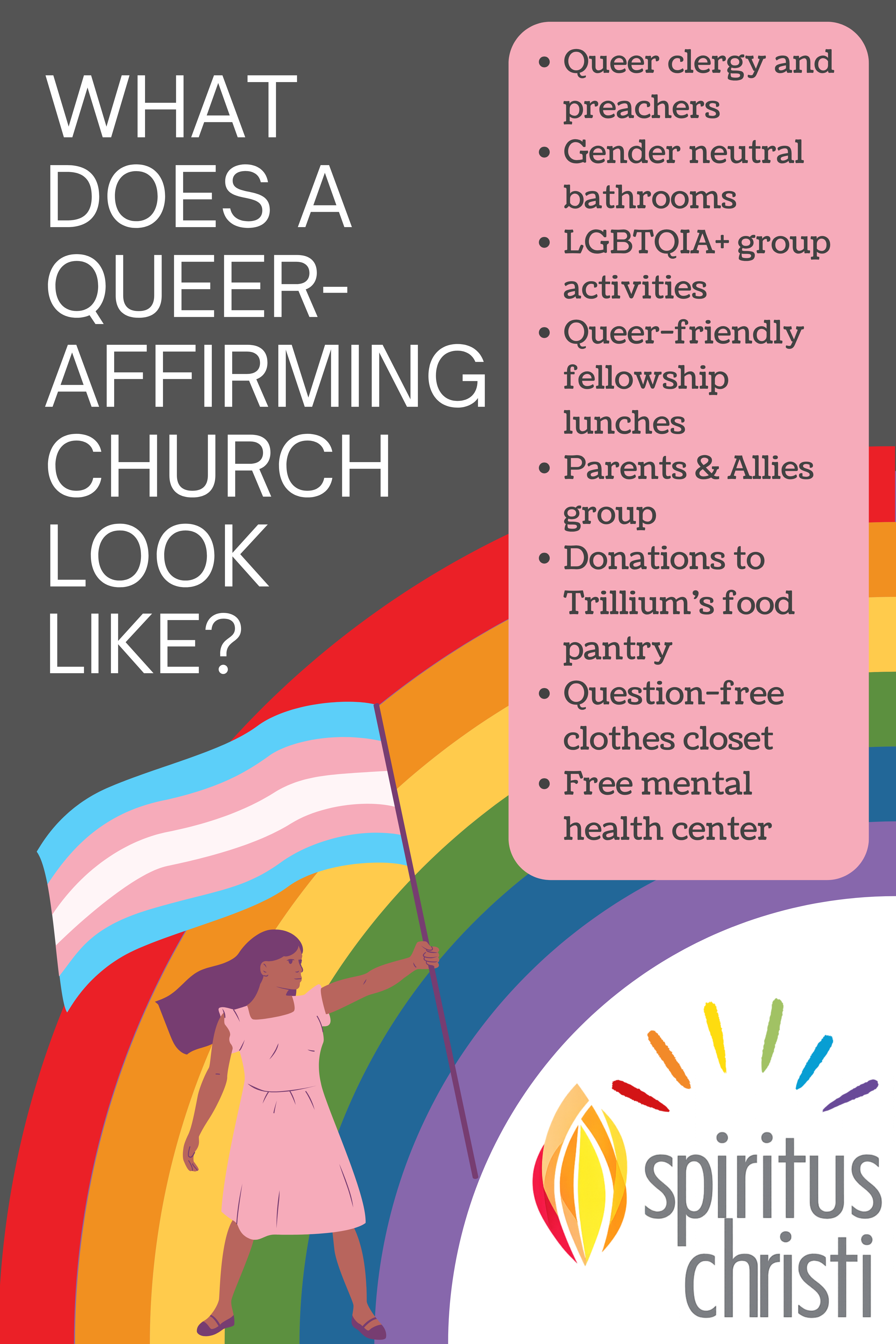 What does a queer affirming Church look like?
Queer clergy and preachers
Gender neutral bathrooms
LGBTQIA+ group activities
Queer-friendly fellowship lunches
Parents & Allies group
Donations to Trilium's food pantry
Question-free clothes closet
Free mental health center